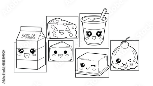 Cute kawaii dairy products coloring collection with milk carton cheese yogurt butter and ice cream