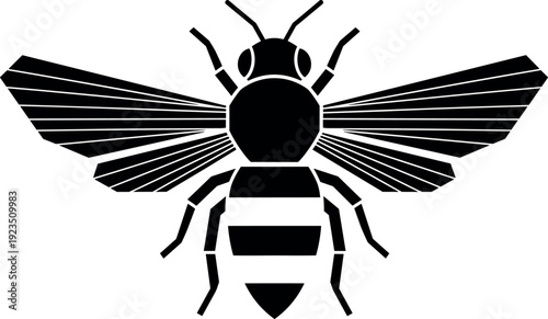 Black and white bee silhouette illustration, insect artwork design, pollination symbol drawing, environmental nature art, detailed wing pattern, ecological inspired style