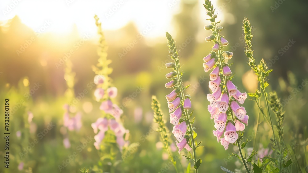 Obraz premium Foxglove Flowers with Tall Spires of Blossoms on a Soft Background During Golden Hour