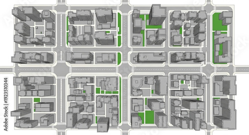 Urban planning concept - Detailed aerial view of a city with green spaces.