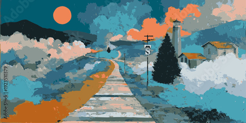 A vibrant sunset over a quaint village with a winding path leading to the horizon