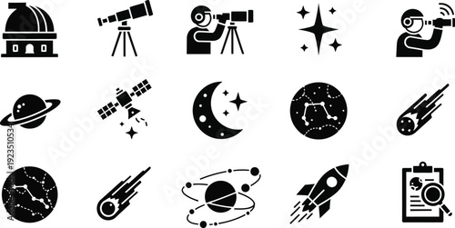 Cosmic Exploration Icons: A collection of meticulously designed icons representing the wonders of space exploration, including telescopes, celestial bodies, and astronauts. 