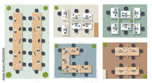 Office space layouts showcasing various desk and seating arrangements for collaboration and productivity.