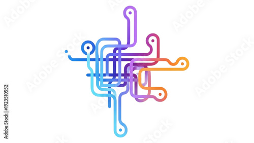 Abstract colorful interconnected lines forming a complex digital network structure, symbolizing data flow and technology