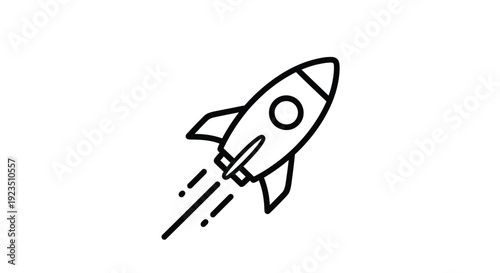 Simple black and white line art icon depicting a fast ascending rocket launching towards the sky