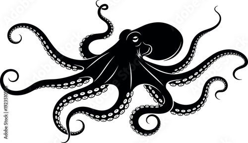 Black and white octopus illustration, detailed tentacles curling, marine life artwork, ocean animal design, underwater creature drawing, bold artistic style
