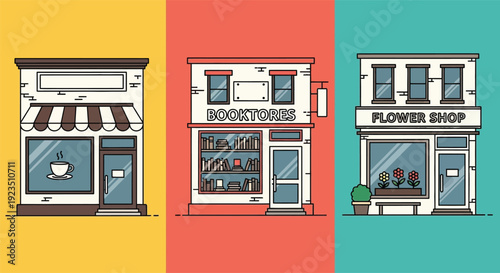 Shopfront Trio: A stylized illustration presents three inviting shopfronts, each with its unique charm, embodying the essence of small businesses and commerce.