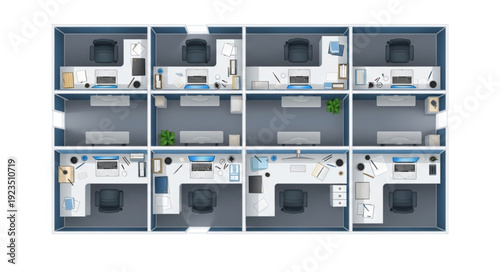 Office space layout with multiple desks and computer workstations for employees.