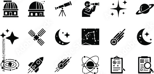 Cosmic Exploration Collection: A set of unique, simple and clear icons themed around the fascinating world of space, the stars, the galaxy and science. 