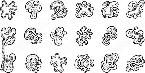 Hand-drawn abstract organic shapes vector illustration set. Collection of amoeba-like liquid blobs and doodle icons for creative design elements and backgrounds.