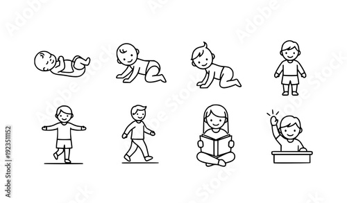 Child development milestone line icon set vector