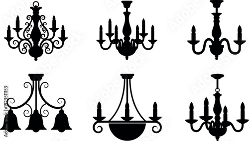 Black chandelier silhouette illustration, decorative lighting artwork, ornate lamp design, interior decor drawing, elegant hanging fixture, artistic home decoration style