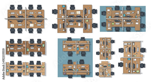 Office furniture arrangement with multiple desks and chairs for collaborative work environments.