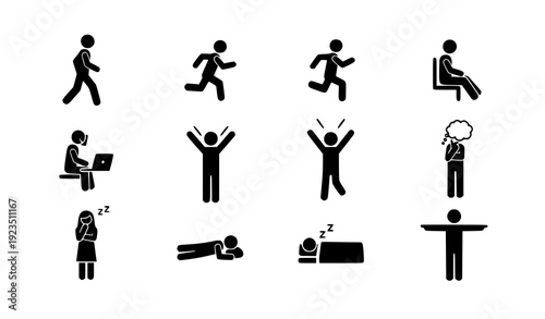 Stick figure human action icons vector set isolated on white