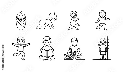 Pediatric child growth and learning milestone line icons