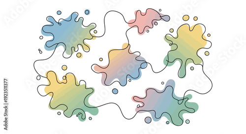 A vibrant collection of soft pastel gradient ink splatters connected by delicate continuous black lines and scattered circles creating a modern abstract artistic pattern.