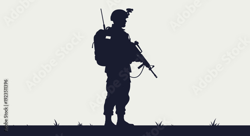 Vector silhouette of a soldier standing with rifle and gear, embodying military readiness, national defense, and unwavering commitment to service and protection