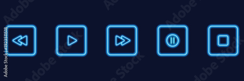 Blue Neon Media Player Icon Set - Luminous Glow Control Buttons for Video Audio Playback and Digital Interface Design Vector Illustration