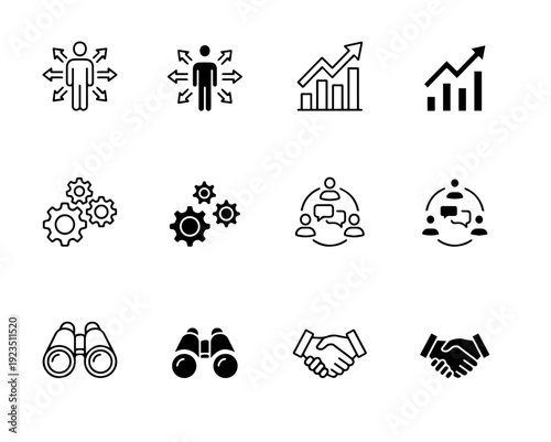 This premium business icon collection is designed for modern UI/UX design, corporate presentations, mobile apps, website interfaces, and digital product development. Featuring a clean minimal style wi