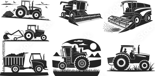 Agricultural machinery silhouettes set, tractor and combine harvester farming equipment vector illustration isolated on white background machinery silhouettes set, tractor andkground design