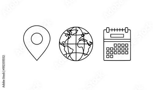 Minimal travel globe calendar outline icons vector