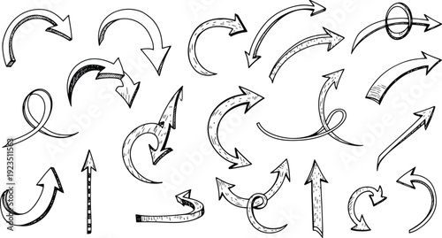 Hand drawn doodle arrows set vector illustration. Sketch style collection of various direction pointers for graphic design and navigation icons.