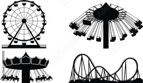Amusement park ride silhouette collection, ferris wheel swing carousel roller coaster black vector icons isolated on white background