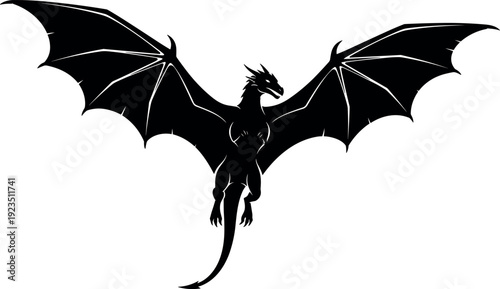 Black dragon silhouette illustration, flying mythical creature artwork, fantasy animal design, winged dragon drawing, fierce legendary beast, bold artistic shadow style