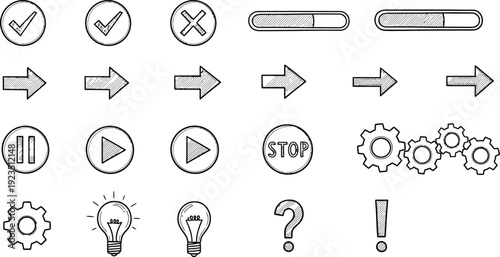 Hand drawn sketchy doodle style user interface icons set vector illustration. Collection of web design elements including arrows, checkmarks, play buttons, and gears.