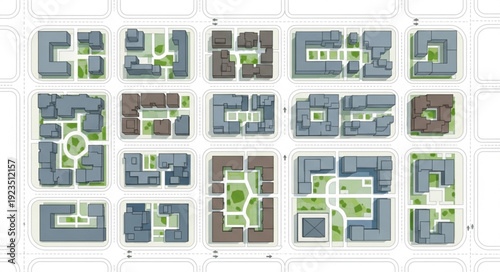 Architectural urban planning design with detailed building layouts and green spaces.