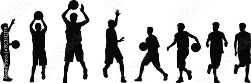 Basketball player silhouette set with dribbling, shooting and running poses, black vector illustration isolated on white background