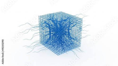 Abstract glowing blue network structure within a cube on a white background
