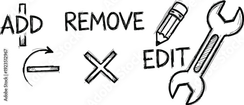 Add Remove Edit Icons Set Hand Drawn Sketchy Style Vector Illustration for UI UX Design and Data Management Concepts, Including Plus Minus Pencil Wrench Symbols