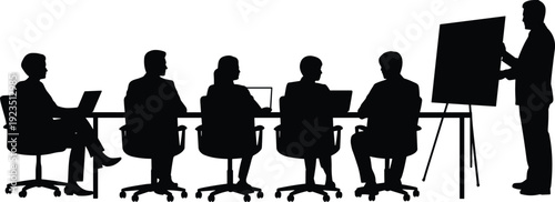 Business presentation silhouette meeting, corporate team training with speaker at board isolated on white background vector illustration