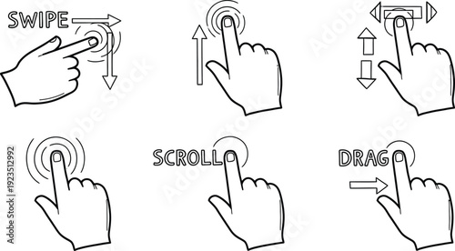 Black and white doodle vector illustration set of hand gestures for touch screen devices, including swipe, scroll, and drag actions, perfect for UI design and technology instructions.