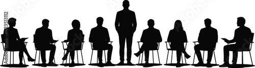 Business team silhouette meeting, corporate interview panel discussion concept with standing leader isolated on white background vector illustration