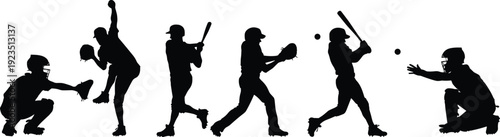 Black silhouettes of baseball players in various poses white background sports