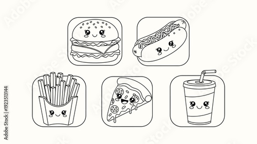 Fast food coloring icons with cute burger hot dog fries pizza and soda cup characters for kids