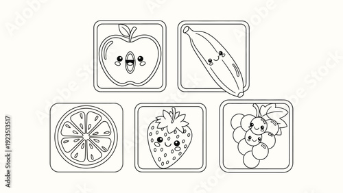 Five kawaii fruit characters coloring page
