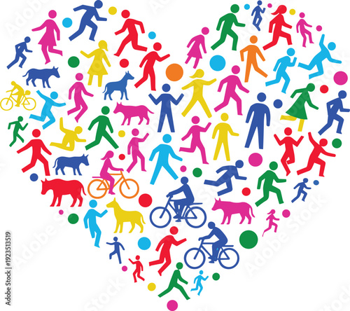Colorful heart shaped of people running cycling and playing with dogs and balls
