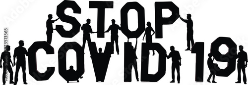 Silhouettes of people holding letters forming stop covid 19 black and white