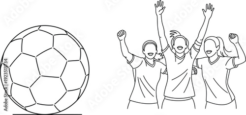 Outline illustration featuring a prominent soccer ball next to a jubilant group of female athletes celebrating a momentous victory or goal achievement