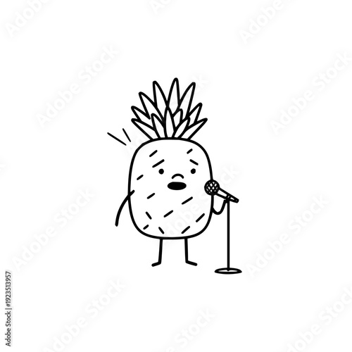 Pineapple character singing into microphone with shocked expression on white background