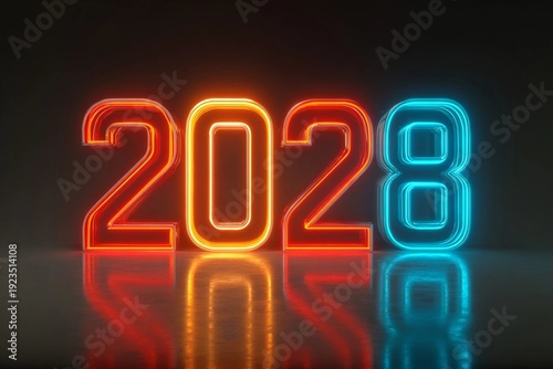 Bright neon lights display the year 2028 with glowing colors against a dark background showing clear reflections