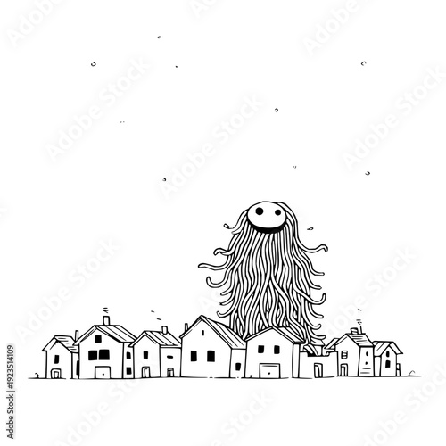 Whimsical black and white illustration of a ghostly figure looming over a quaint neighborhood with small houses and a simple dreamy atmosphere