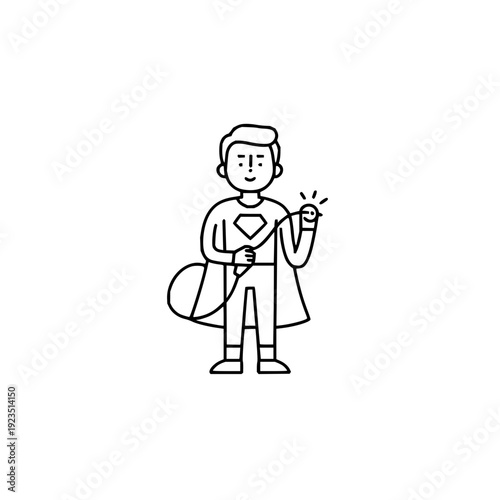 Simple black line art illustration of a superhero character holding a lightbulb with a cape and shield symbolizing innovation and protection
