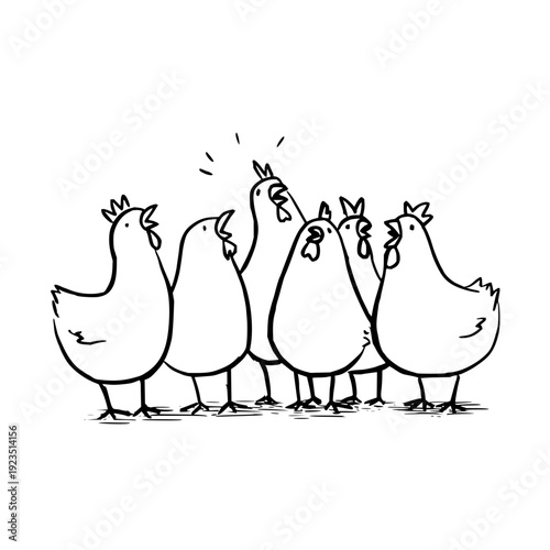 Group of chickens standing together in a line one crowing loudly simple black and white illustration farm animals poultry cartoon style humorous white background minimalist design