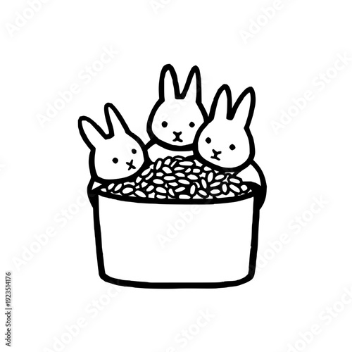 Three cute cartoon rabbits sitting in a bucket filled with food illustration