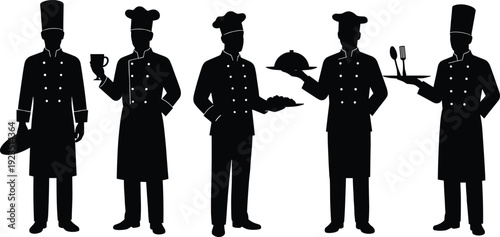 Black silhouettes of chefs in various poses with kitchen utensils and dishes