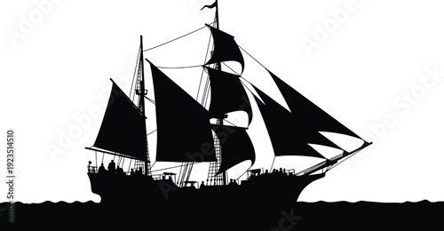 Black silhouette of a sailing ship with people on deck white background